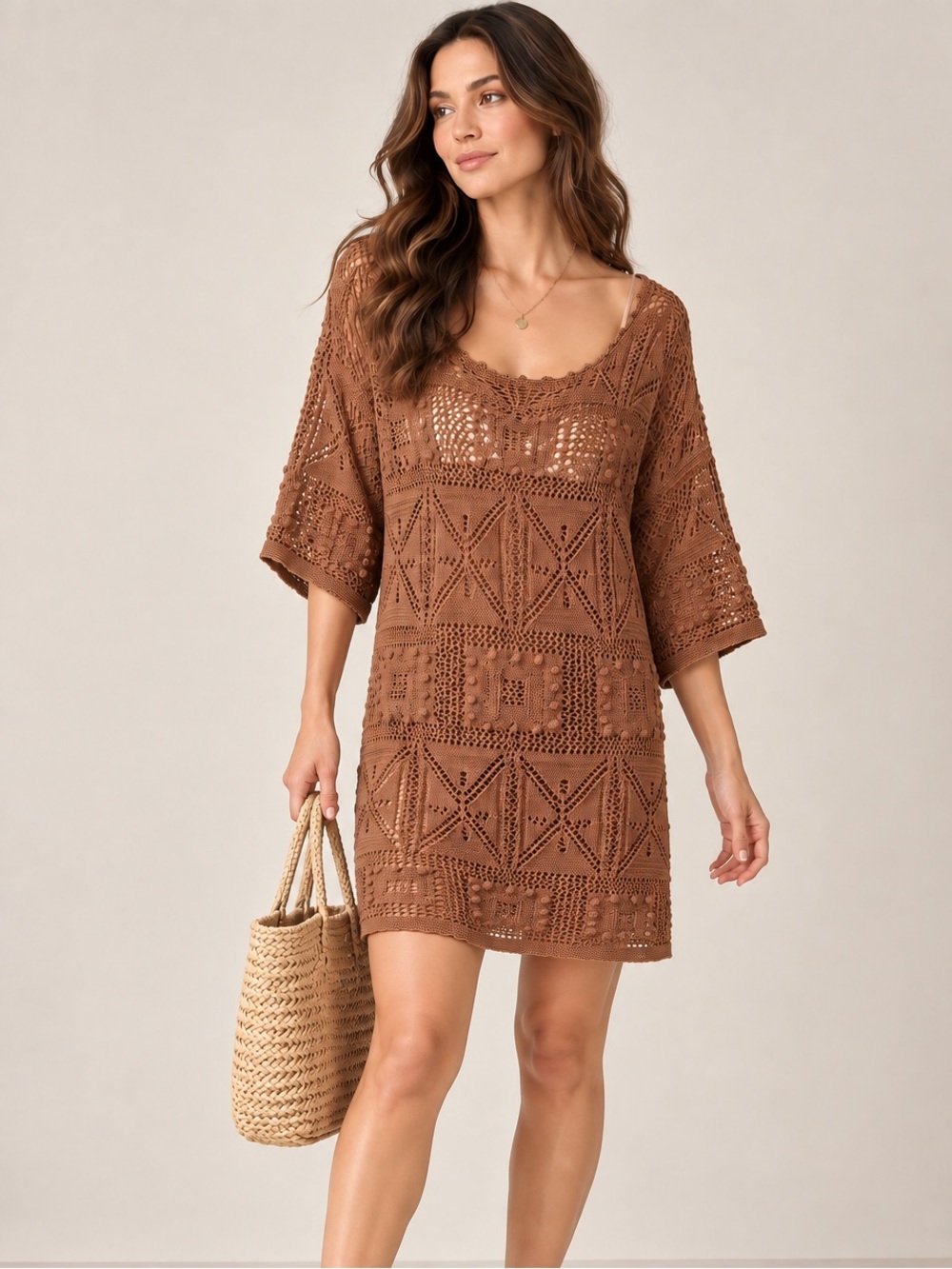 Brandnew Zara Cotton Blend Brown Crochet Swim Cover-Up Tunic